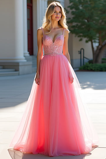 Robe de bal en tulle à sequins A-line rose poudré